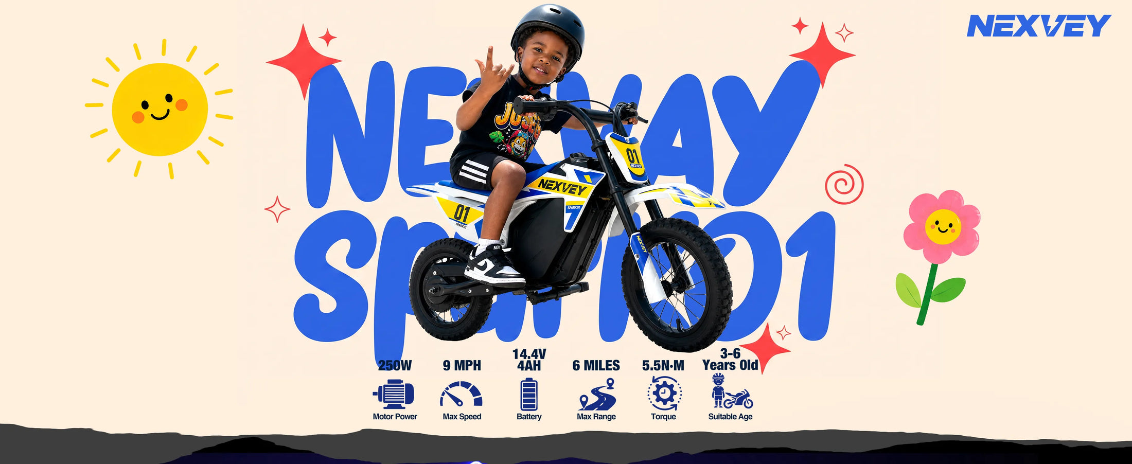 NEXVEY Spark 01 kids electric dirt bike with key specifications