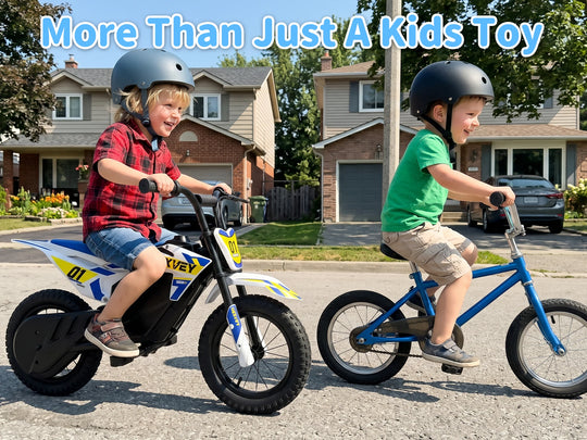 Child riding a NEXVEY Spark 01 electric dirt bike beside a bicycle