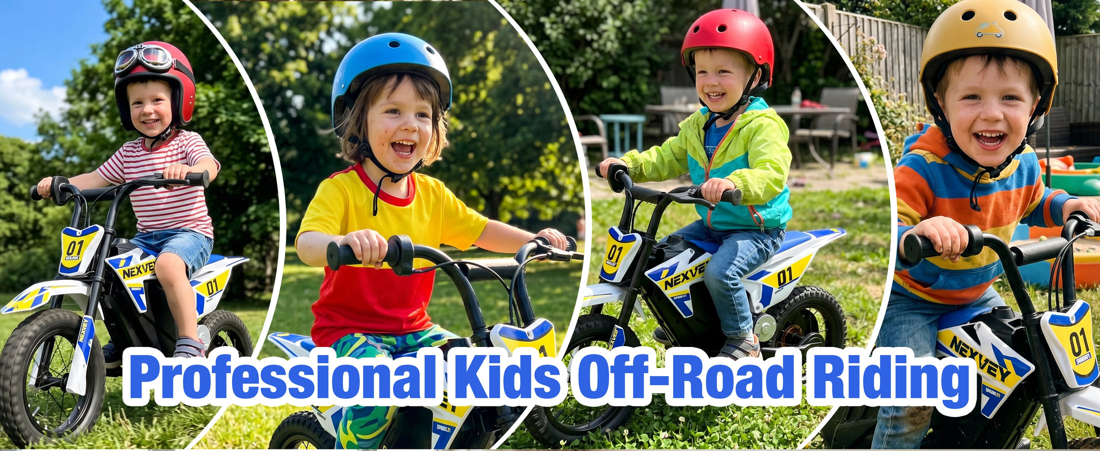 Kids riding NEXVEY Spark 01 electric dirt bikes off road