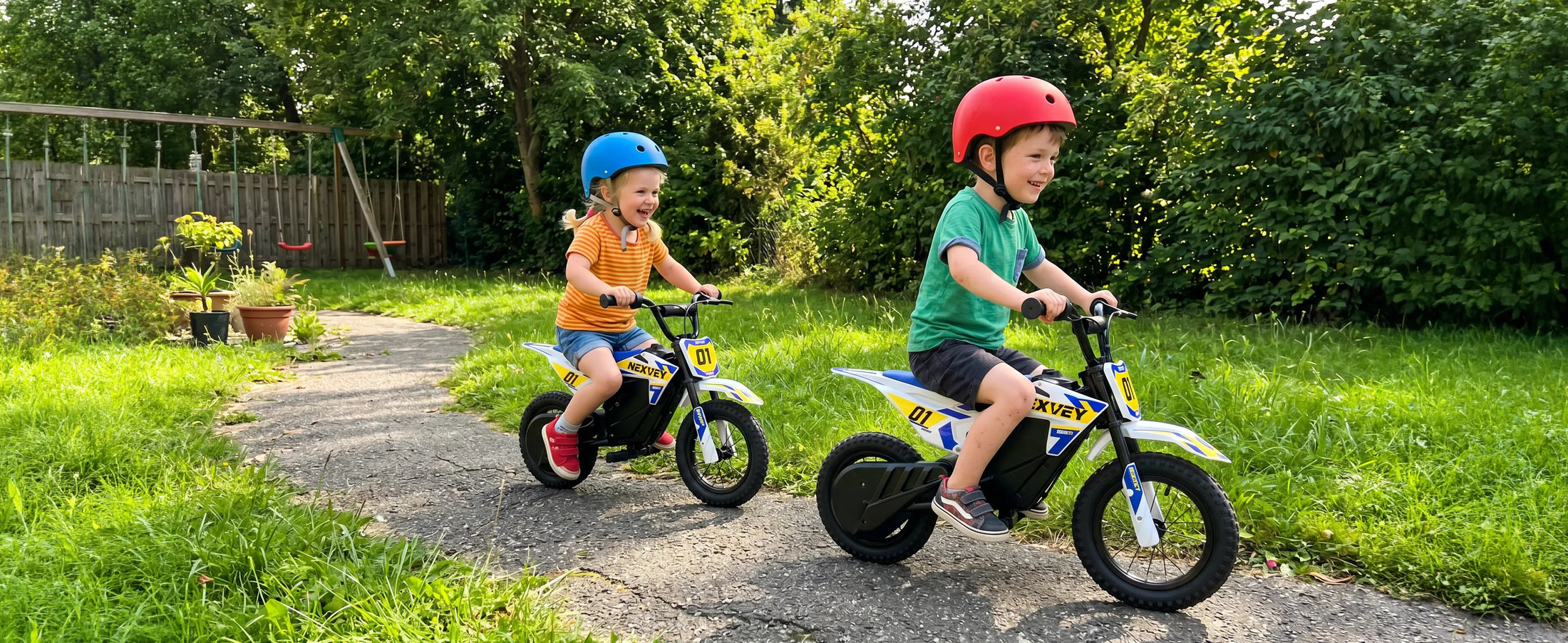 Children riding NEXVEY Spark 01 electric dirt bikes during an outdoor adventure