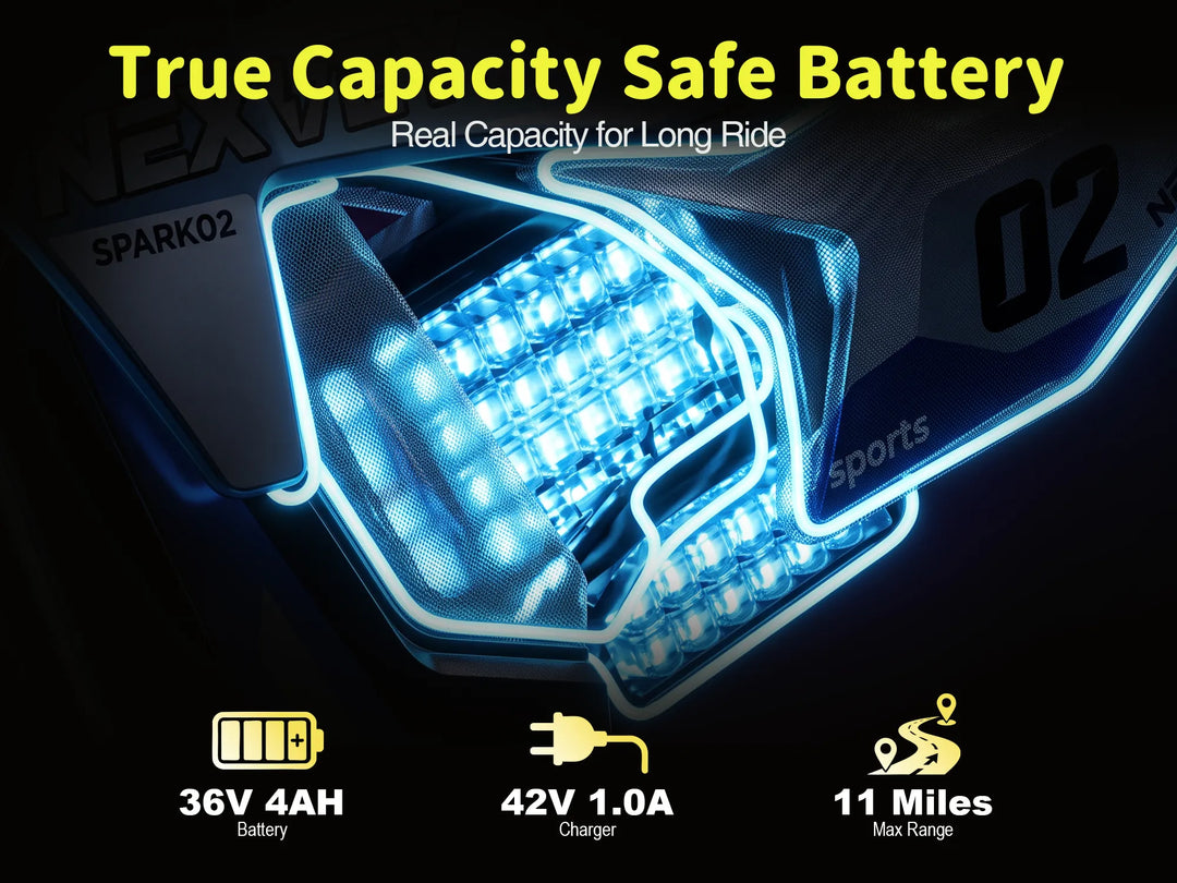 NEXVEY Spark 02 36V 4Ah battery and 11-mile riding range