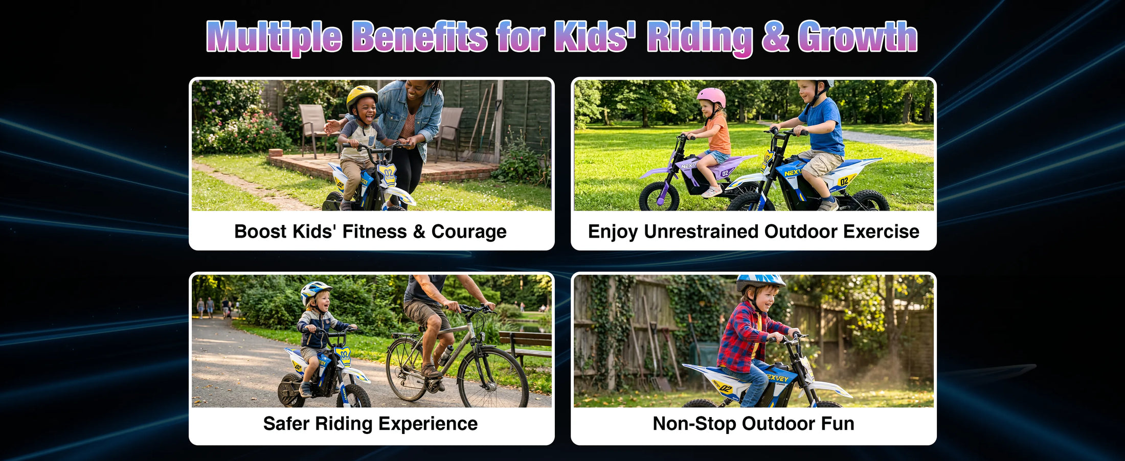 NEXVEY Spark 02 kids electric dirt bike outdoor riding benefits