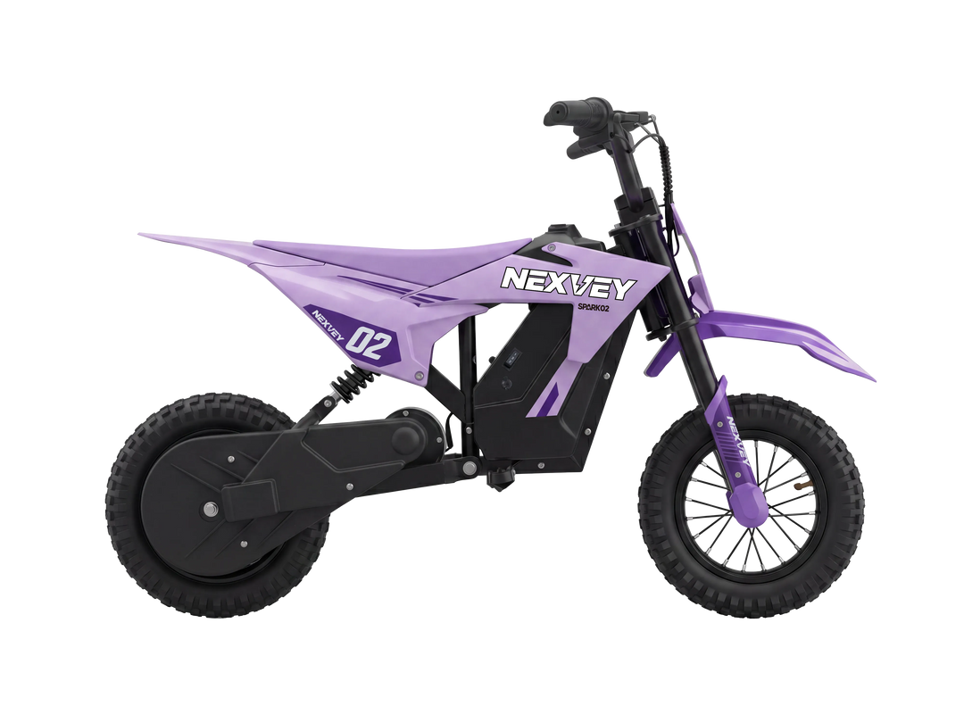 NEXVEY SPARK 02 kids electric dirt bike in purple side view