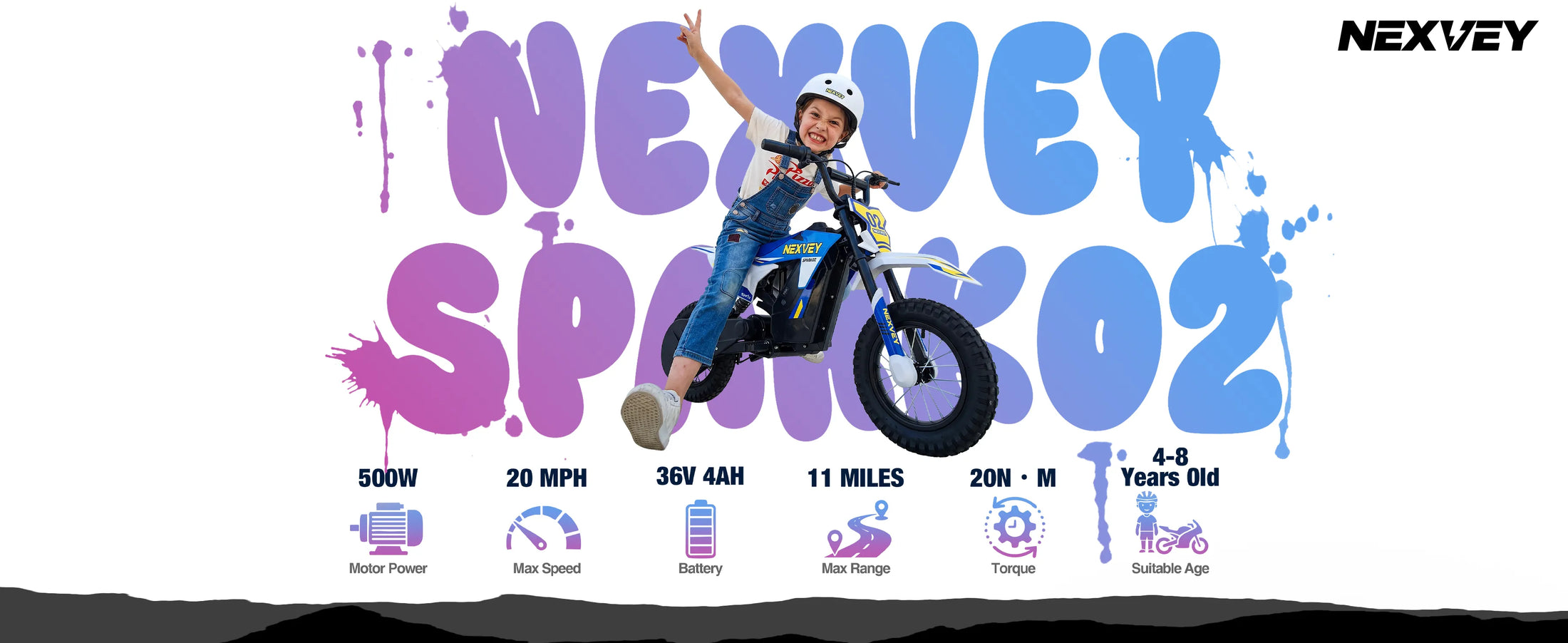 Purple NEXVEY Spark 02 kids electric dirt bike with key specifications