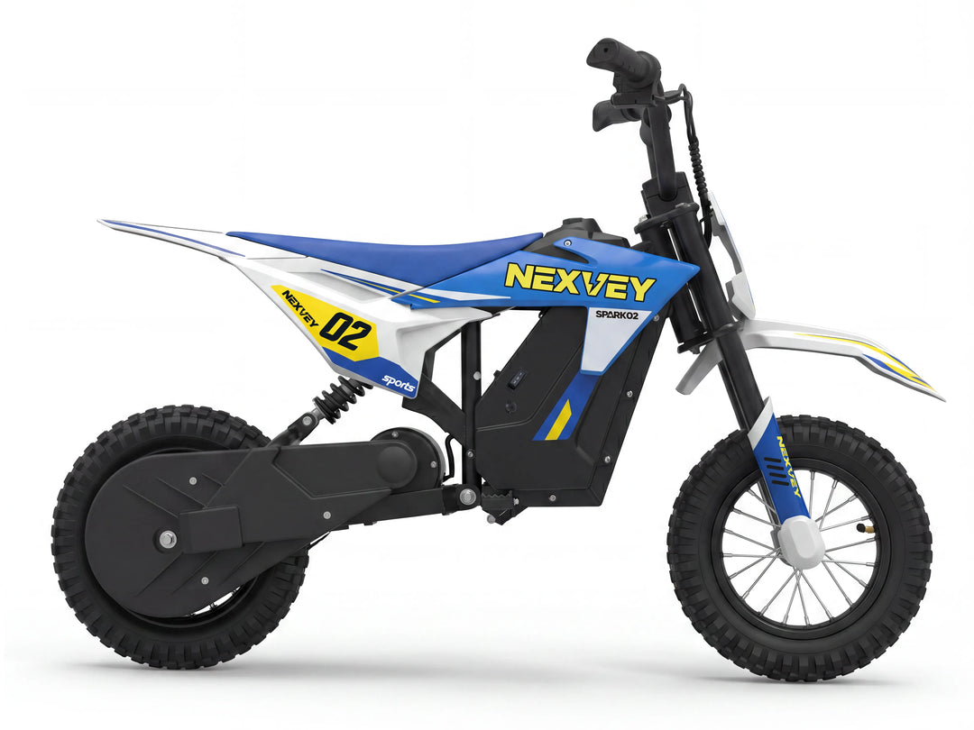 Side view of a blue NEXVEY Spark 02 kids electric dirt bike on white background