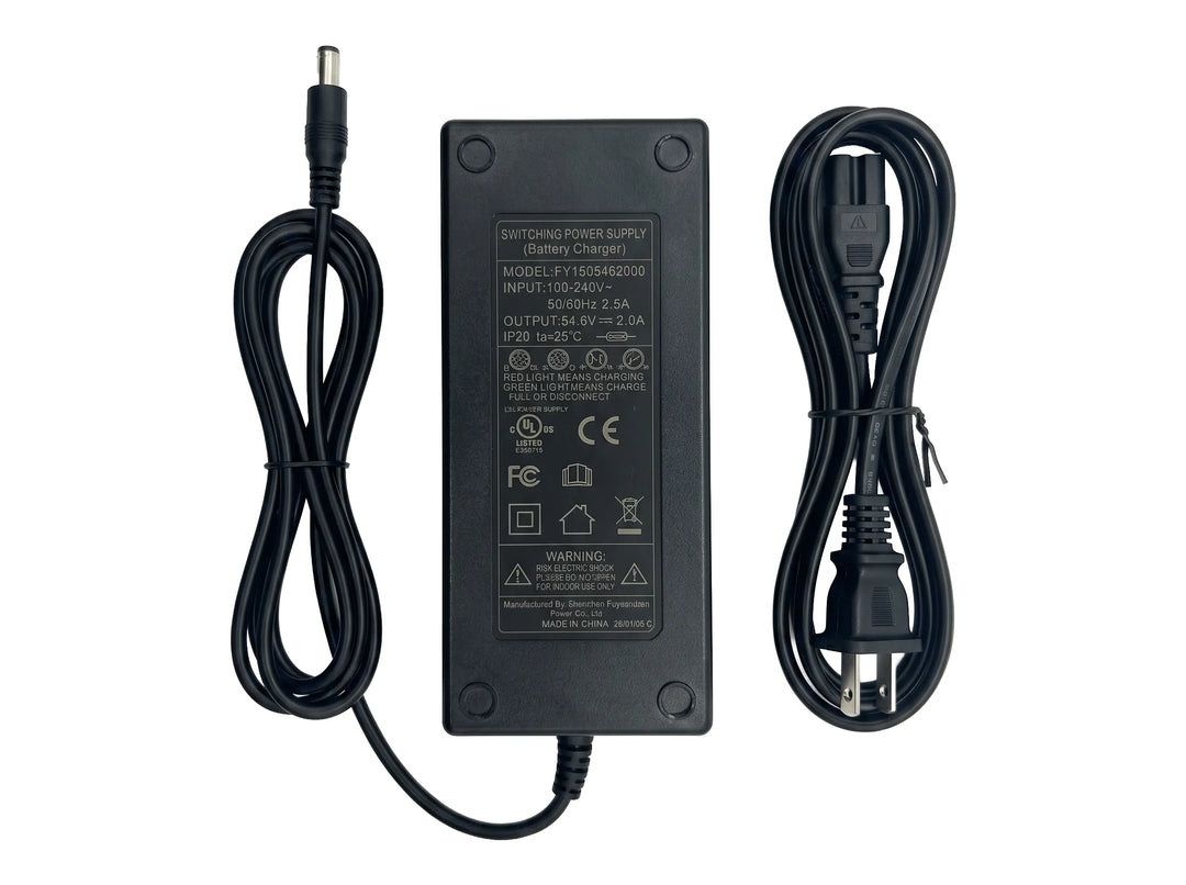 The official UL Listed smart battery charger for Nexvey Spark electric motorcycle, displaying clear FCC and CE safety certifications with North American power plug.