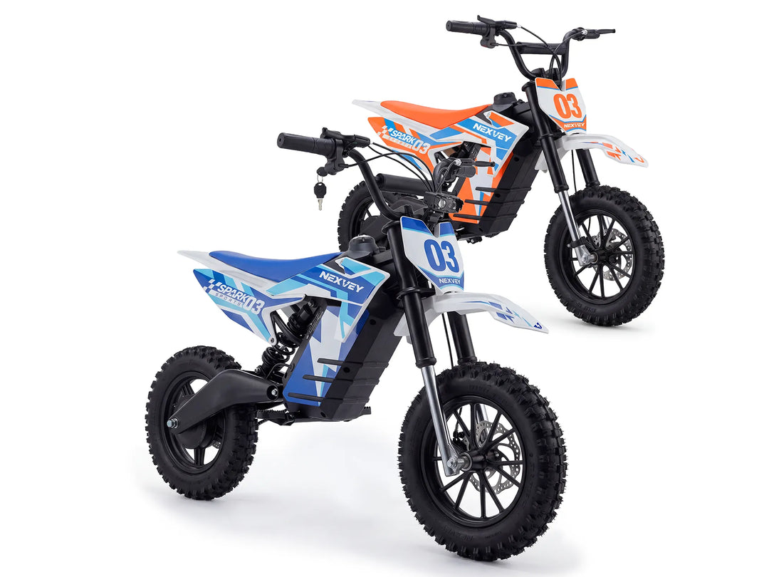 NEXVEY SPARK03 kids electric dirt bike 2-bike bundle in orange and blue on white background