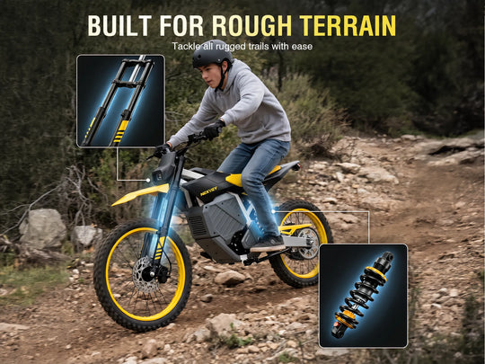 A yellow NEXVEY STORM electric dirt bike tackles rugged trails. The image highlights its heavy-duty suspension with two inset close-ups showing the front fork and the yellow rear shock absorber. Header text reads: 'BUILT FOR ROUGH TERRAIN'.