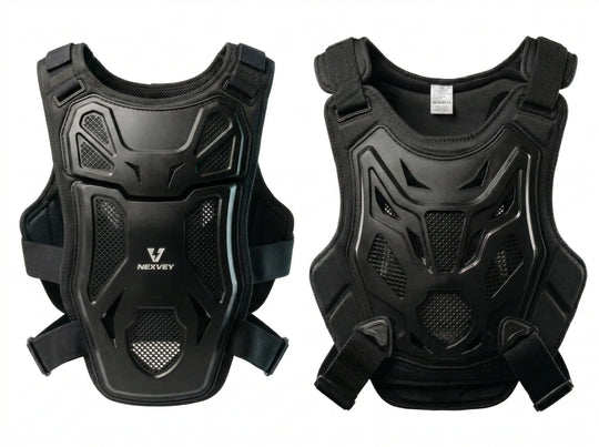 Nexvey youth motocross chest protector and body armor in black, featuring adjustable straps and breathable mesh for dirt bike racing safety