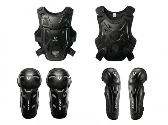 Nexvey black youth motocross protective gear set including chest protector and knee guards for kids dirt bike safety, professional racing body armor kit