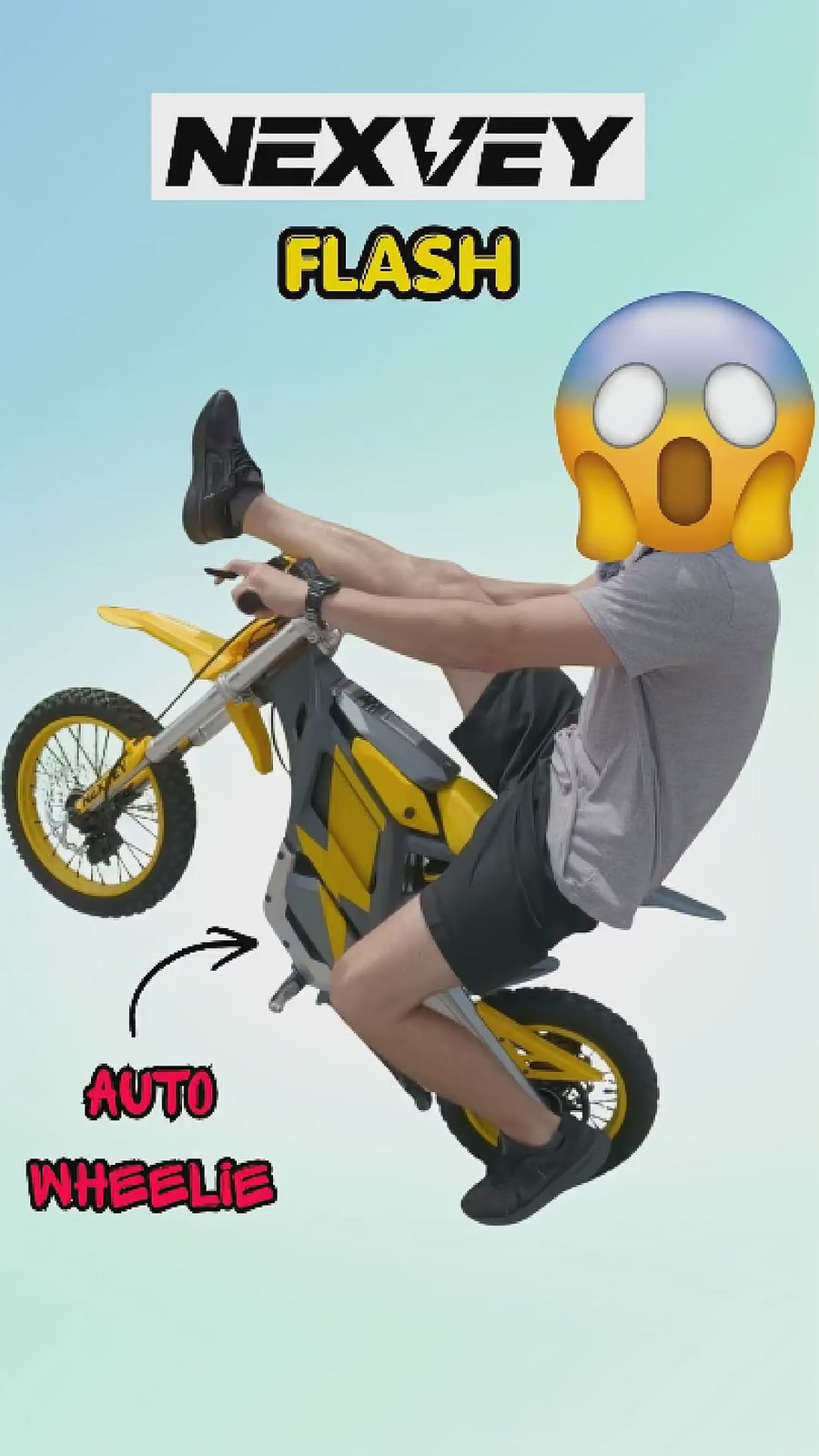 Influencer Kizyle showcasing impressive riding skills on the yellow NEXVEY Flash electric motorcycle on a USA street.