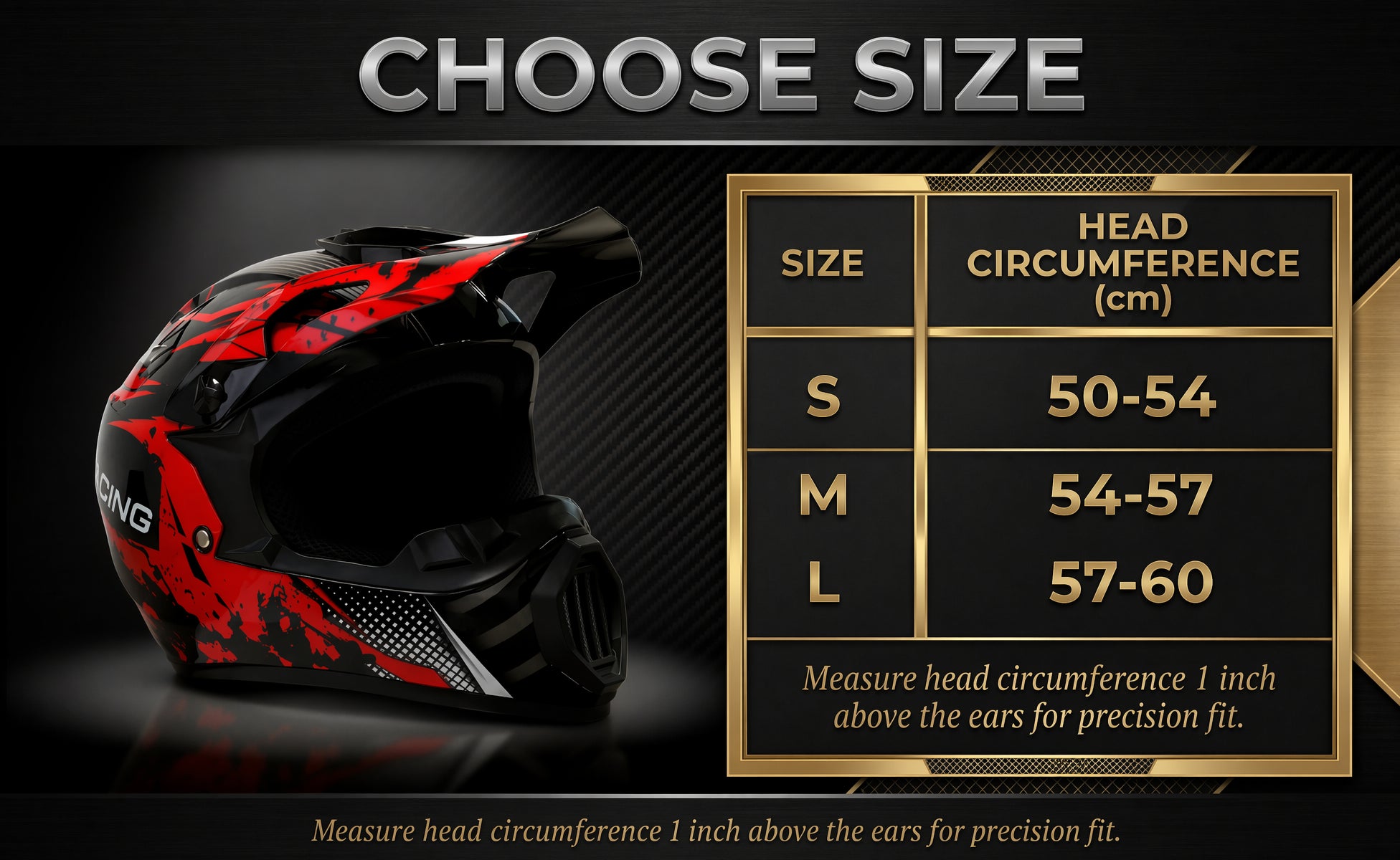 NEXVEY® Red Racing Motocross Helmet sizing chart showing head circumference measurements in centimeters for sizes S, M, and L, with precise fitting instructions