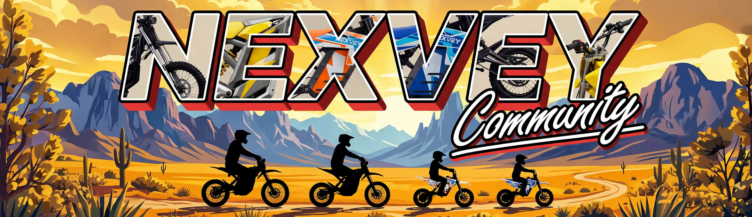 NEXVEY Community banner featuring a group of riders on electric dirt bikes in a desert mountain landscape illustration