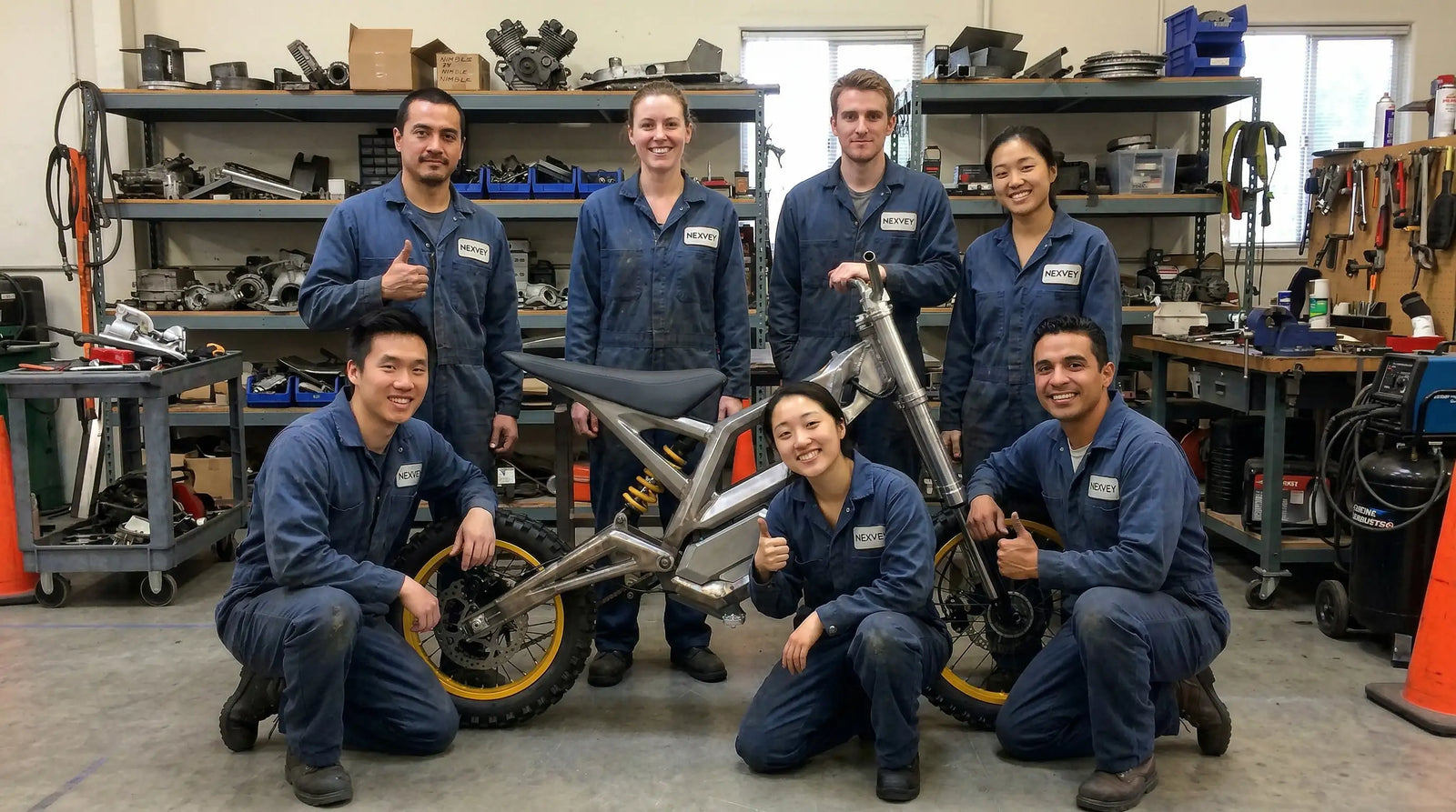 The NEXVEY professional engineering team in blue factory uniforms posing with a custom electric dirt bike prototype in a well-equipped R&D workshop