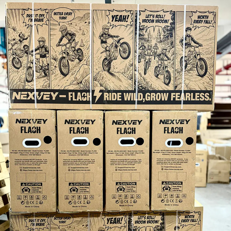 Stack of NEXVEY FLASH electric dirt bike shipping boxes featuring comic-style illustrations and the brand slogan "Ride Wild, Grow Fearless."