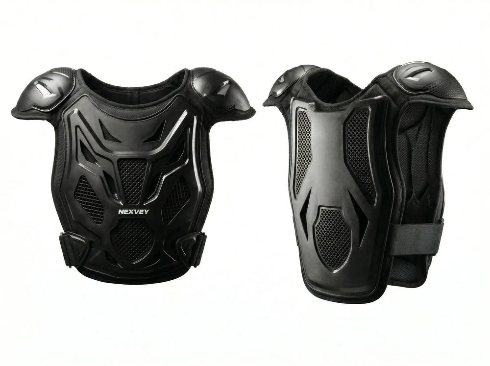 Nexvey black youth motocross chest protector with integrated shoulder guards, lightweight and breathable body armor for kids dirt bike racing