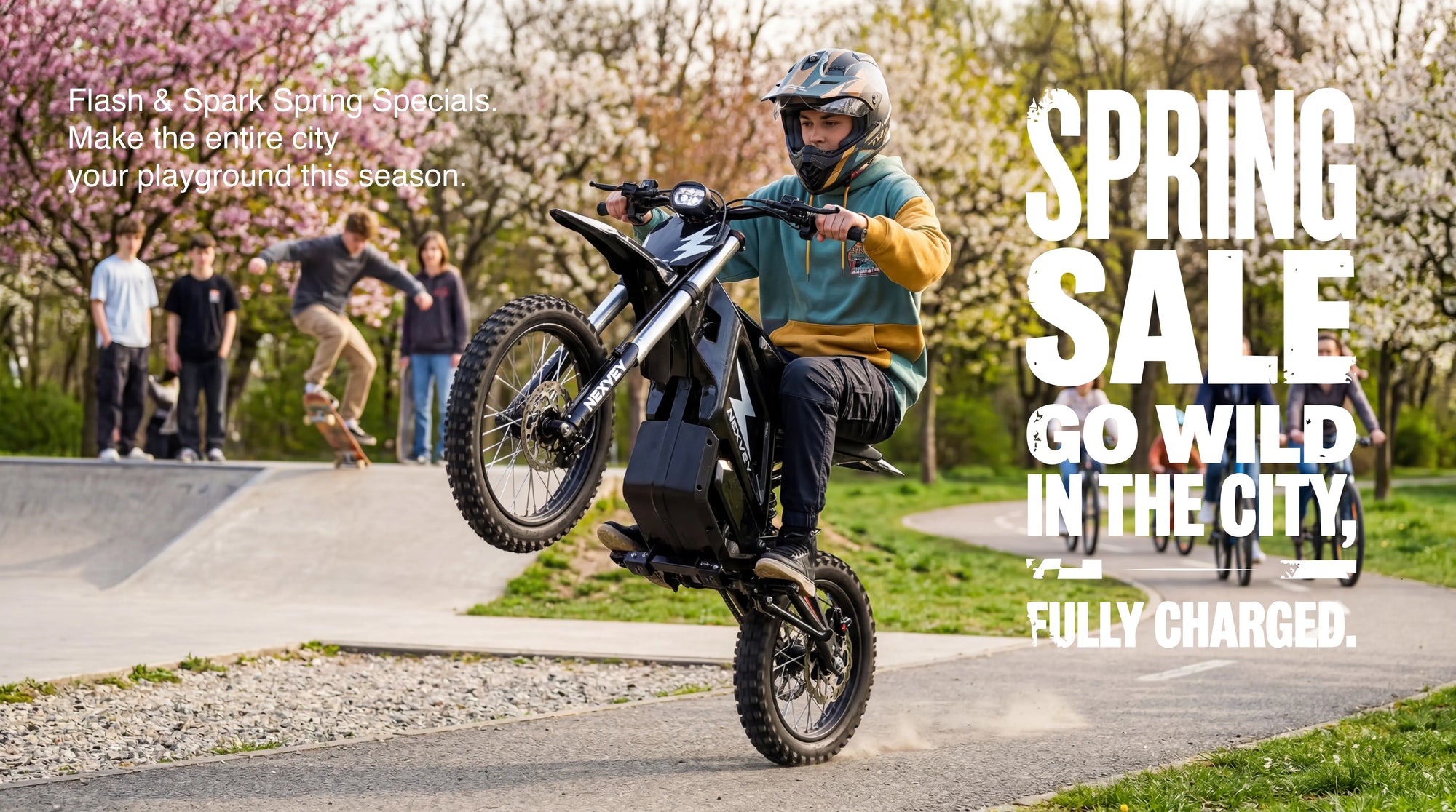 Nexvey Spring Sale banner featuring youth rider performing a wheelie on an electric dirt bike