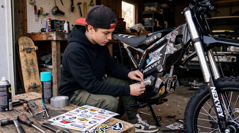A smiling young rider sitting on a black NEXVEY FLASH electric dirt bike, surrounded by friends with their bicycles at a sunny local park playground