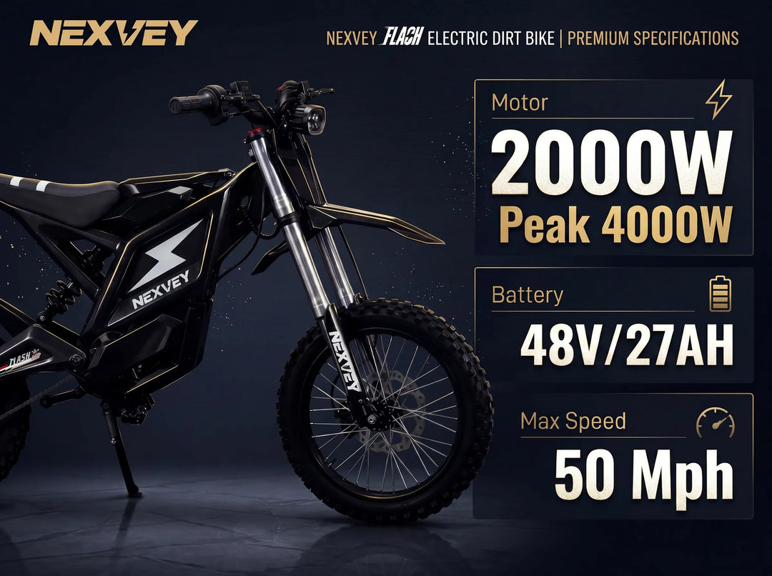 Premium specifications for the black NEXVEY FLASH electric dirt bike, showcasing its 2000W motor with 4000W peak power, 48V 27Ah battery, and 50 mph max speed