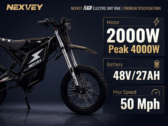 Premium specifications for the black NEXVEY FLASH electric dirt bike, showcasing its 2000W motor with 4000W peak power, 48V 27Ah battery, and 50 mph max speed