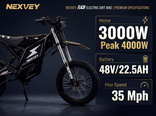 Premium specifications for the black NEXVEY FLASH electric dirt bike, showcasing its 3000W motor with 4000W peak power, 48V 22.5Ah battery, and 35 mph max speed
