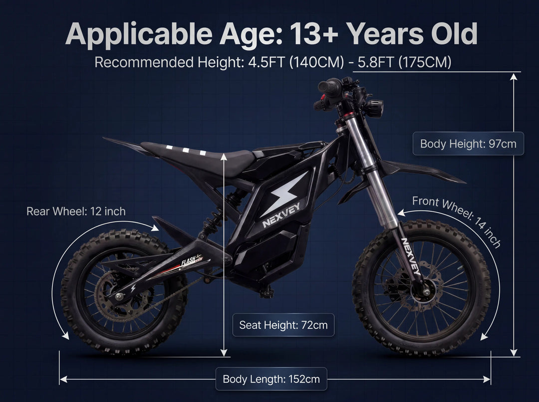 A size specification diagram for the black NEXVEY FLASH electric dirt bike, showing a 72cm seat height and 152cm body length, recommended for riders aged 13 and up with a height between 4.5ft and 5.8ft