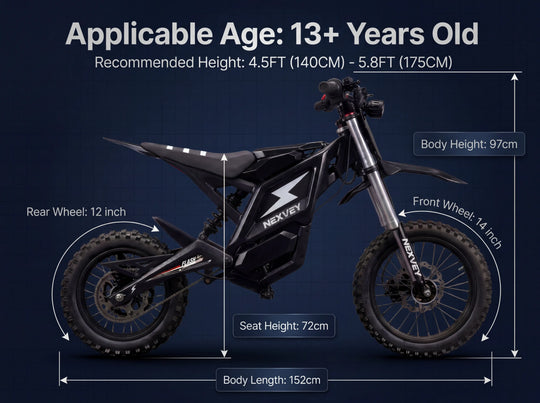 A size specification diagram for the black NEXVEY FLASH electric dirt bike, showing a 72cm seat height and 152cm body length, recommended for riders aged 13 and up with a height between 4.5ft and 5.8ft