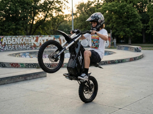 A teenage rider in a graphic t-shirt and sticker-covered helmet performing a wheelie stunt on a black NEXVEY FLASH electric dirt bike at an outdoor skatepark