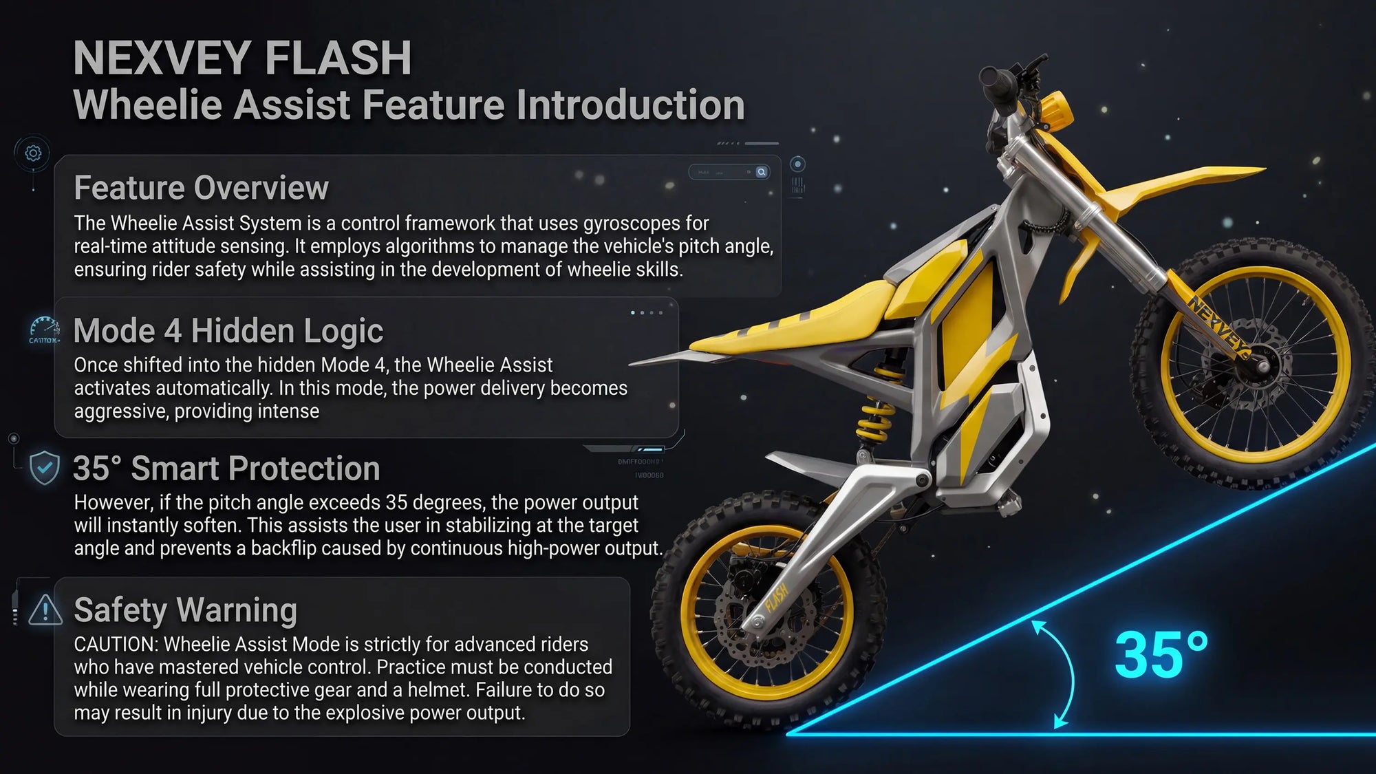 NEXVEY FLASH electric dirt bike feature: 35-degree Smart Protection Wheelie Assist System with real-time gyro attitude sensing for safe skill development