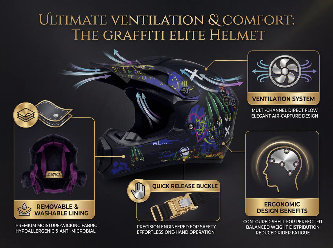 Graffiti Elite Helmet features: multi-channel ventilation system, removable washable moisture-wicking lining, quick release buckle, and ergonomic lightweight design