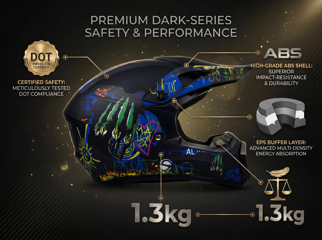 Premium Dark-Series motocross helmet with DOT FMVSS 218 certification, featuring a 1.3kg lightweight design, high-grade ABS shell, and multi-density EPS buffer layer