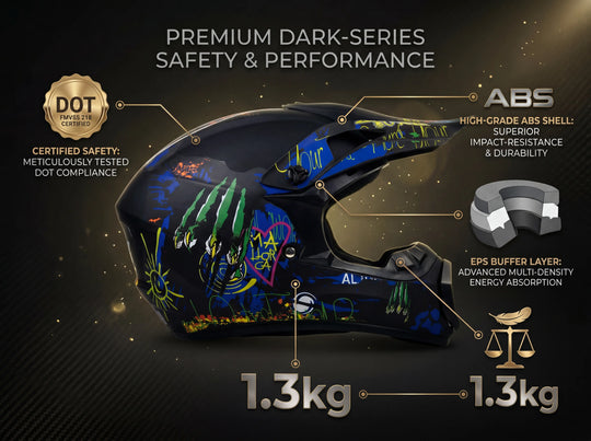 Premium Dark-Series motocross helmet with DOT FMVSS 218 certification, featuring a 1.3kg lightweight design, high-grade ABS shell, and multi-density EPS buffer layer