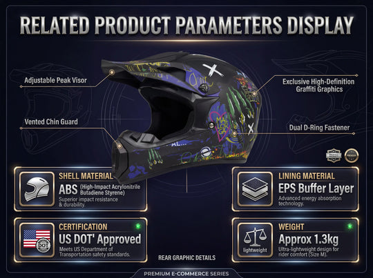 Product parameters for graffiti motocross helmet: US DOT approved, high-impact ABS shell, EPS buffer layer, lightweight 1.3kg design, with adjustable peak visor and dual D-ring fastener