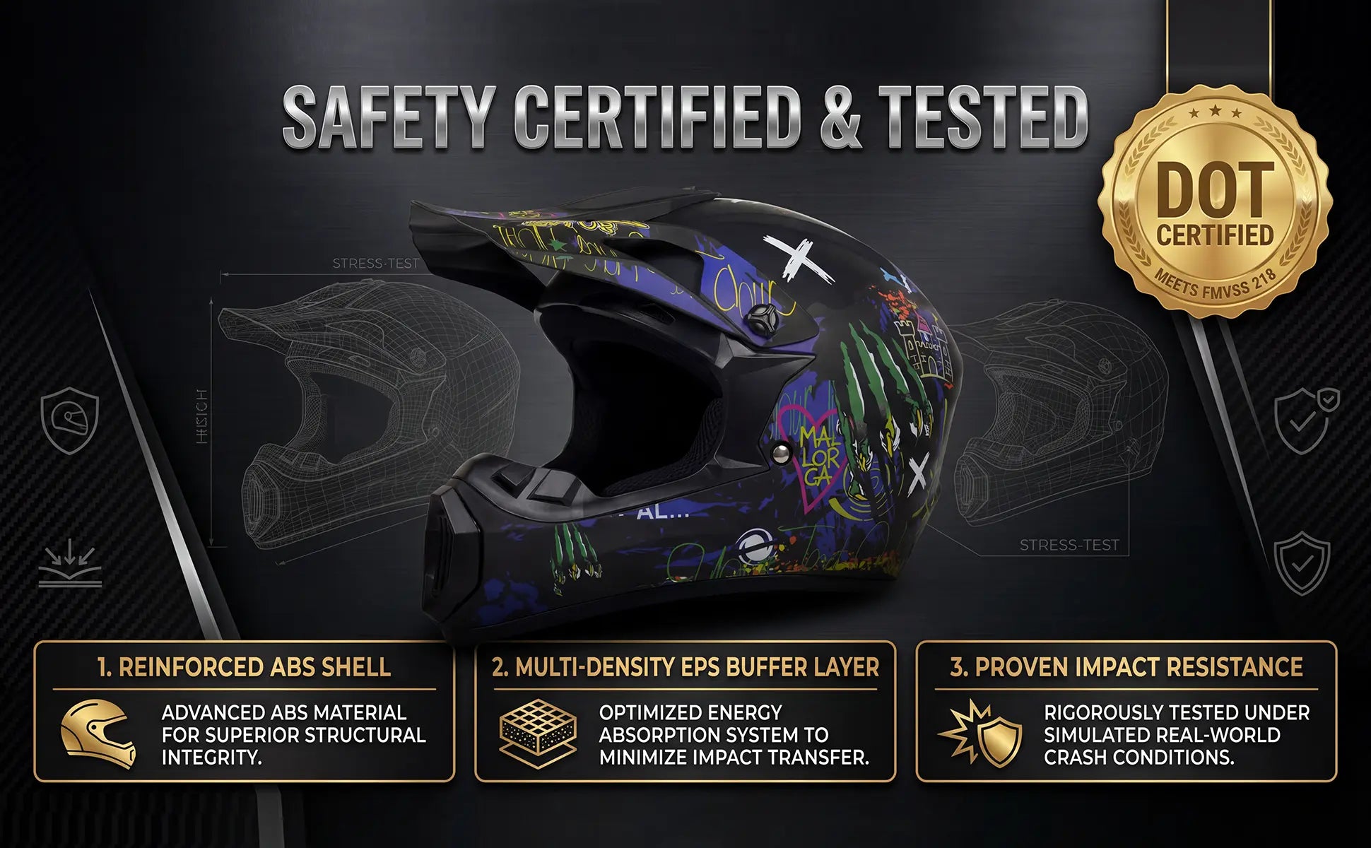 DOT certified youth motocross helmet for electric dirt bikes, featuring reinforced ABS shell and multi-density EPS buffer layer