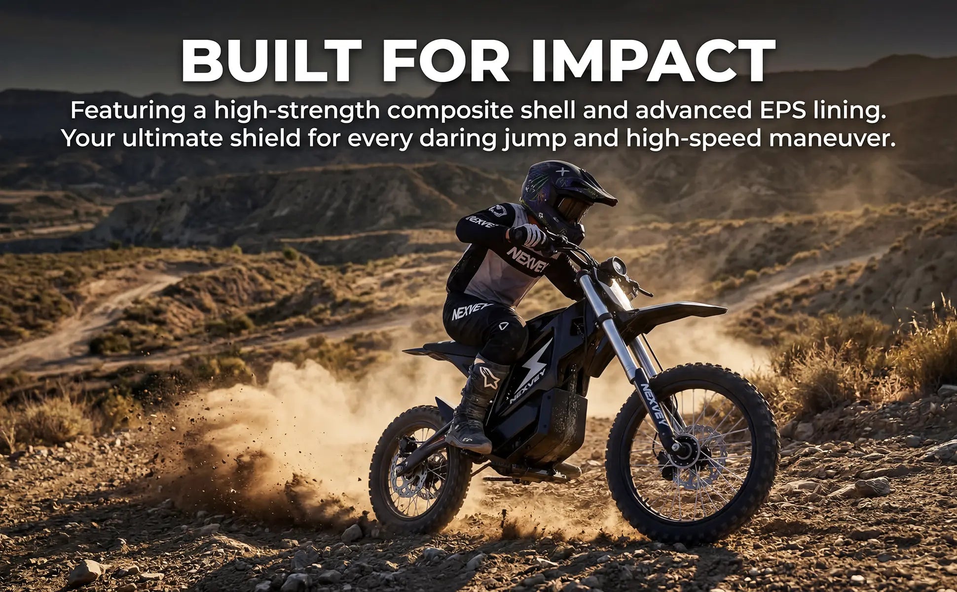 Nexvey electric dirt bike for teens featuring high-strength composite shell and EPS lining for maximum safety during off-road maneuvers