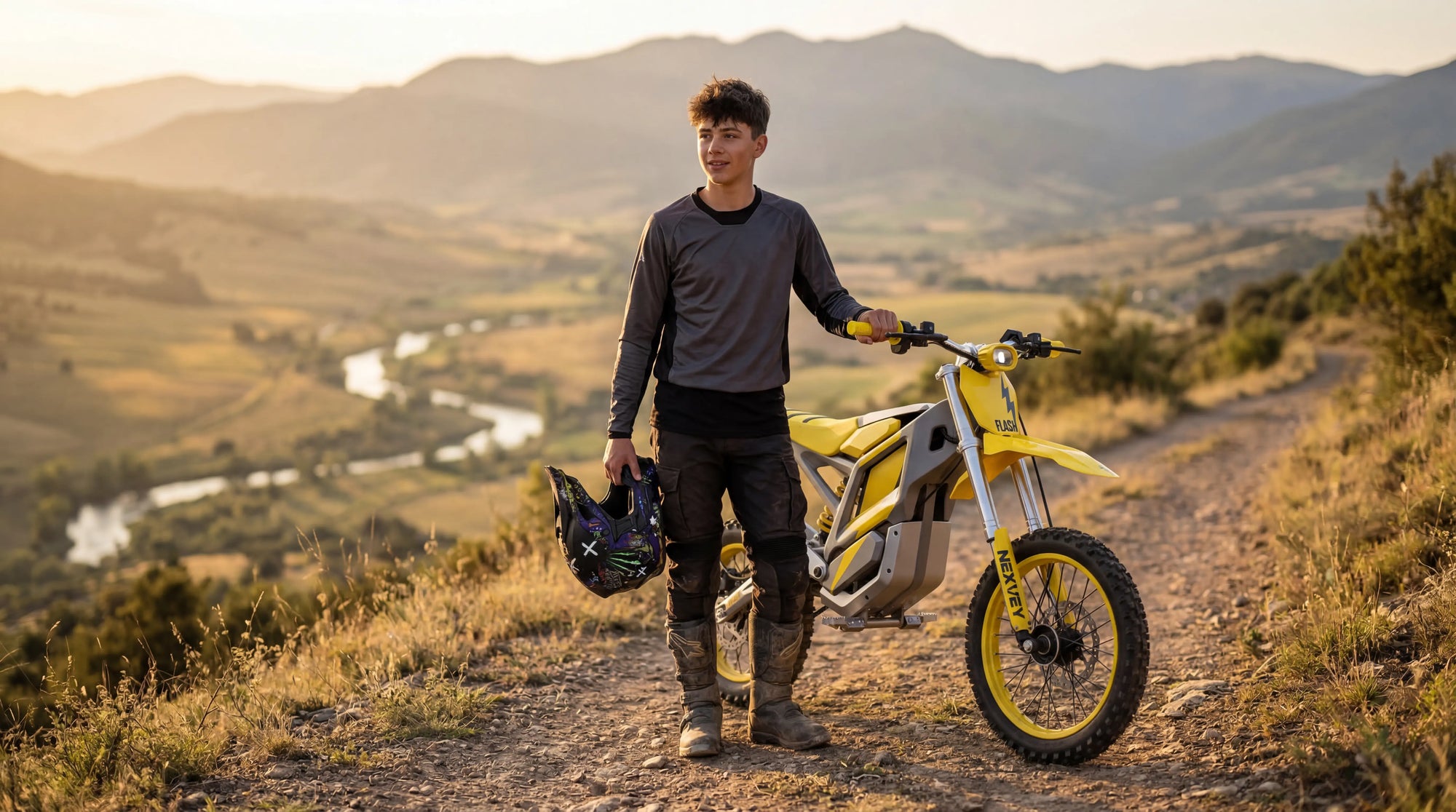 Nexvey Flash yellow electric dirt bike for teens with a young rider holding a helmet on a mountain trail at sunset