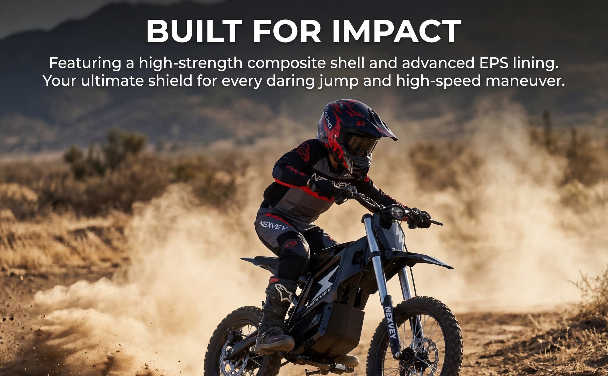 Action shot of a young rider on a black Nexvey electric dirt bike kicking up dust on a desert trail, showcasing High-strength Composite Shell and Advanced EPS Lining for high-speed maneuver and jumps