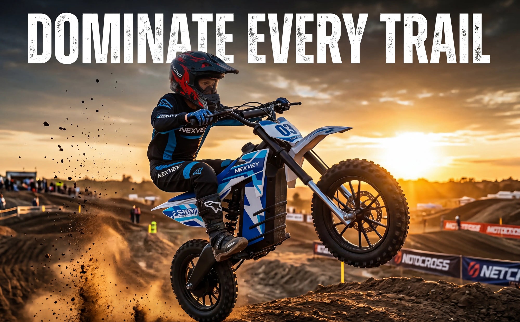 Action shot of Nexvey Spark 03 youth electric dirt bike dominating the trail with a wheelie stunt at sunset, perfect for competitive young riders