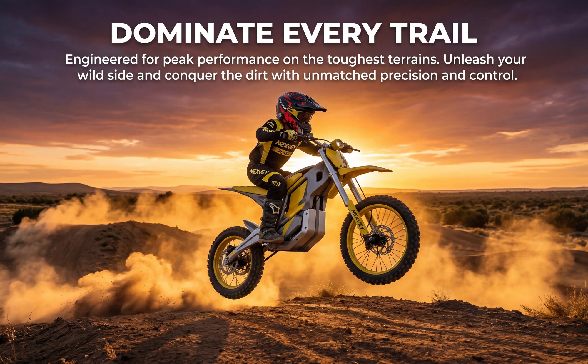 Nexvey Flash yellow electric dirt bike performing a jump on a rugged trail at sunset, engineered for peak performance and precision control