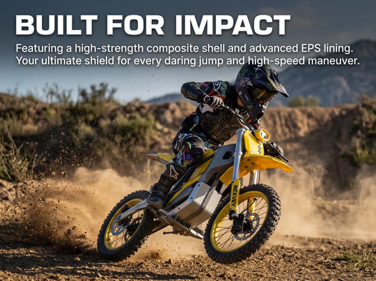 An action shot of a rider on a Nexvey electric dirt bike kicking up dust on an off-road track, overlaid with text reading: "BUILT FOR IMPACT. Featuring a high-strength composite shell and advanced EPS lining. Your ultimate shield for every daring jump and high-speed maneuver."
