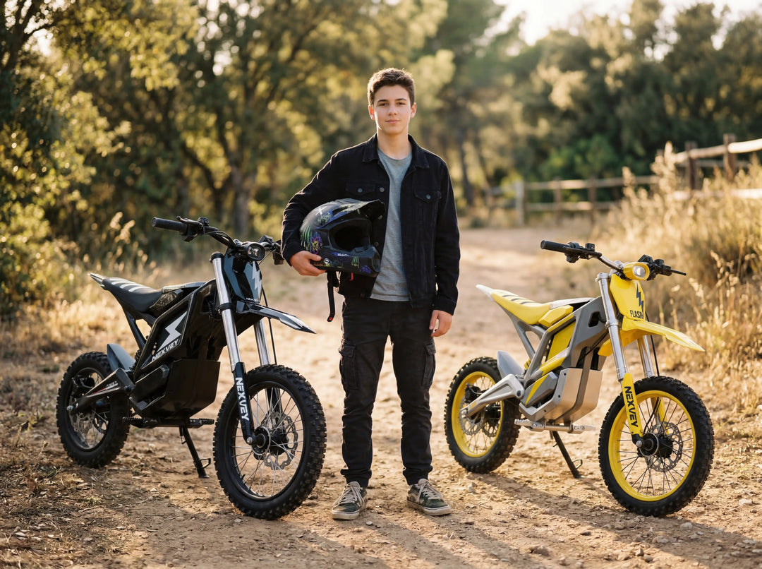 A teenage rider standing between a black and a yellow NEXVEY electric dirt bike on a forest trail, holding a motocross helmet