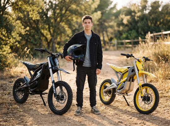 A teenage rider standing between a black and a yellow NEXVEY electric dirt bike on a forest trail, holding a motocross helmet