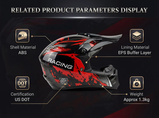 MX-PRO Motocross Helmet Specifications: ABS Shell Material, EPS Buffer Layer Lining, US DOT Certification, and Lightweight 1.3kg Weight