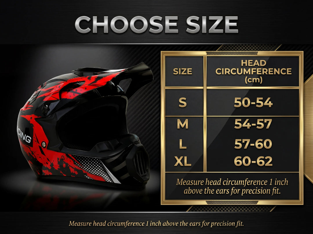 MX-PRO Motocross Helmet Size Chart: S (50-54cm), M (54-57cm), L (57-60cm), XL (60-62cm) head circumference guide