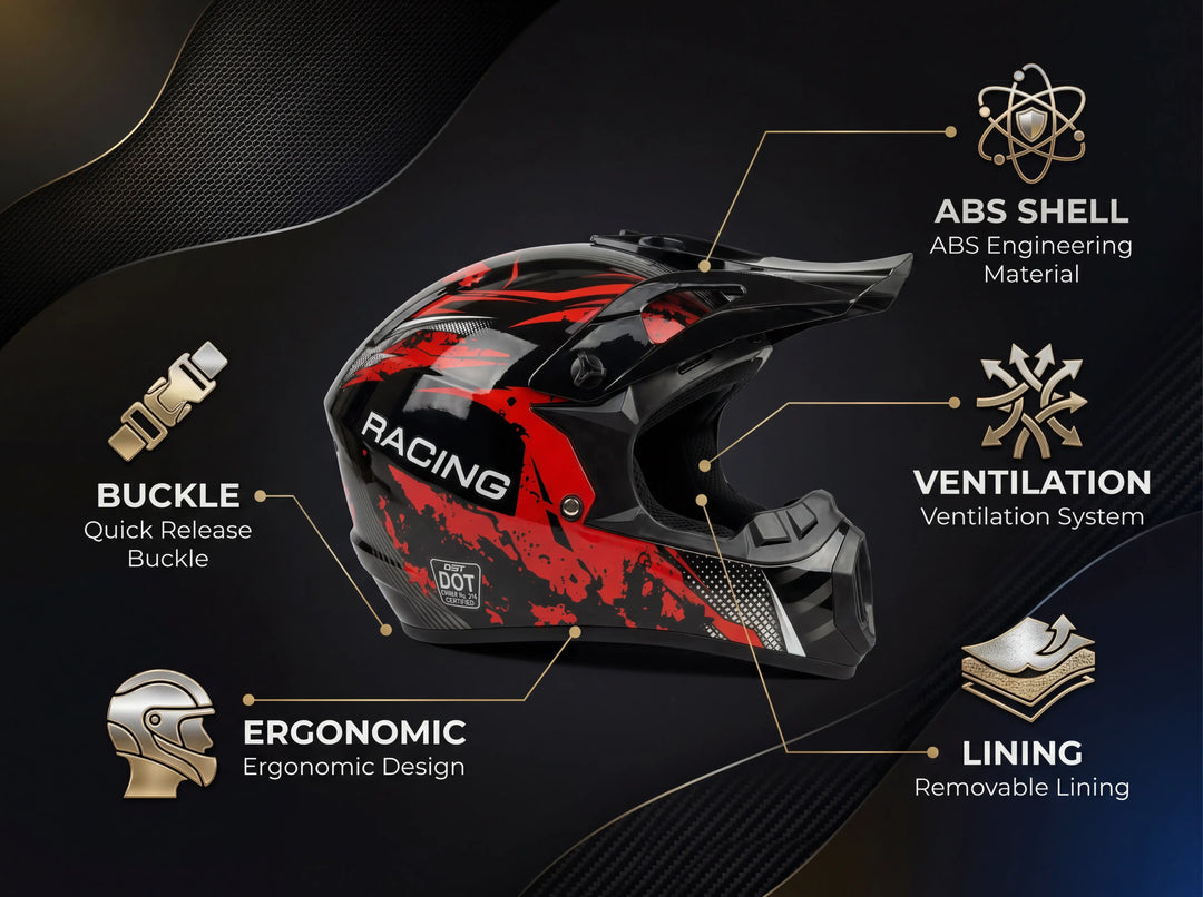 Feature callout for Nexvey red and black racing helmet on carbon background, detailing ABS shell, ventilation, removable lining, and quick release buckle