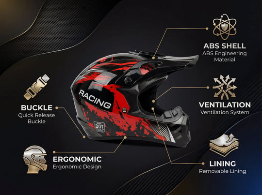 Feature callout for Nexvey red and black racing helmet on carbon background, detailing ABS shell, ventilation, removable lining, and quick release buckle