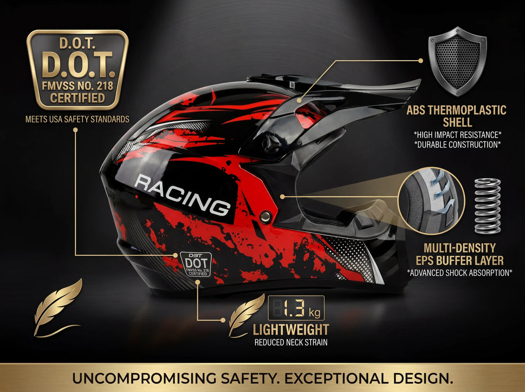 Red and black racing motocross helmet with DOT FMVSS No. 218 certification, featuring ABS thermoplastic shell and multi-density EPS buffer layer, lightweight 1.3kg design