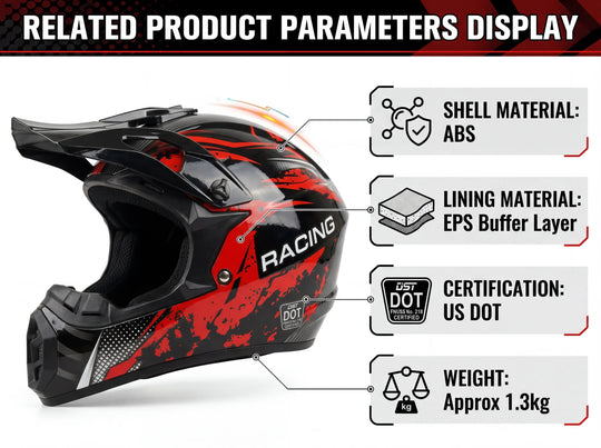 Full specifications for MX-PRO motocross helmet including high-strength ABS shell material, EPS buffer lining, US DOT safety certification, and 1.3kg lightweight build