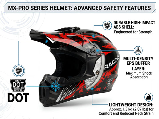 MX-PRO Series Motocross Helmet in Red and Black with DOT Certification, Lightweight ABS Shell and Multi-Density EPS
