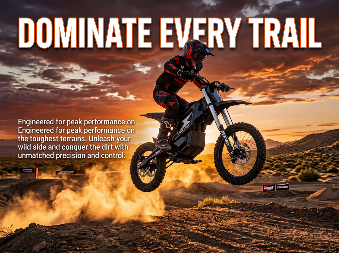 Rider in full red gear jumps a black Nexvey electric dirt bike over a dusty motocross track at sunset, with "Dominate Every Trail" heading